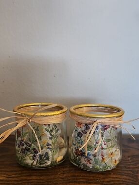 Decorative Floral Glass Jars. Decopaged with Raffia & Stones  — Set of 2